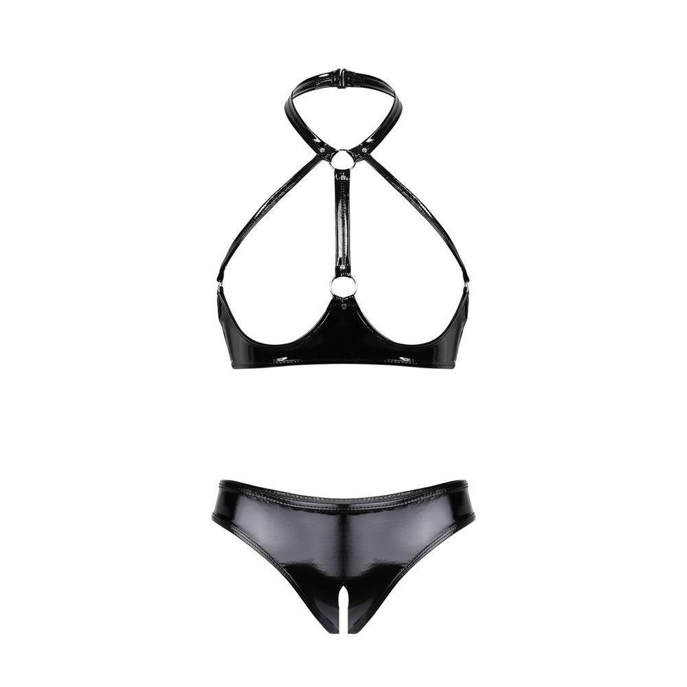 Yihuimin Women's Wetlook Lingerie Set, Open Bustier Halter Bra and Low-Rise Thong, Black XXL