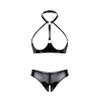 Yihuimin Women's Wetlook Lingerie Set, Open Bustier Halter Bra and Low-Rise Thong, Black XXL view 1