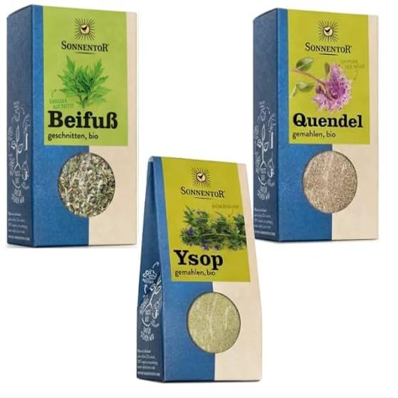 Sonnentor Organic Hildegard von Bingen Set - Mugwort (12 g) + Hyssop (25 g) + Wild Thyme (30 g) - Hildegard Herbs - AT-BIO-301