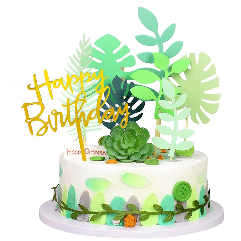 Bymivofun 15-Piece Palm Leaf Cake Toppers, Happy Birthday Cake Topper Set