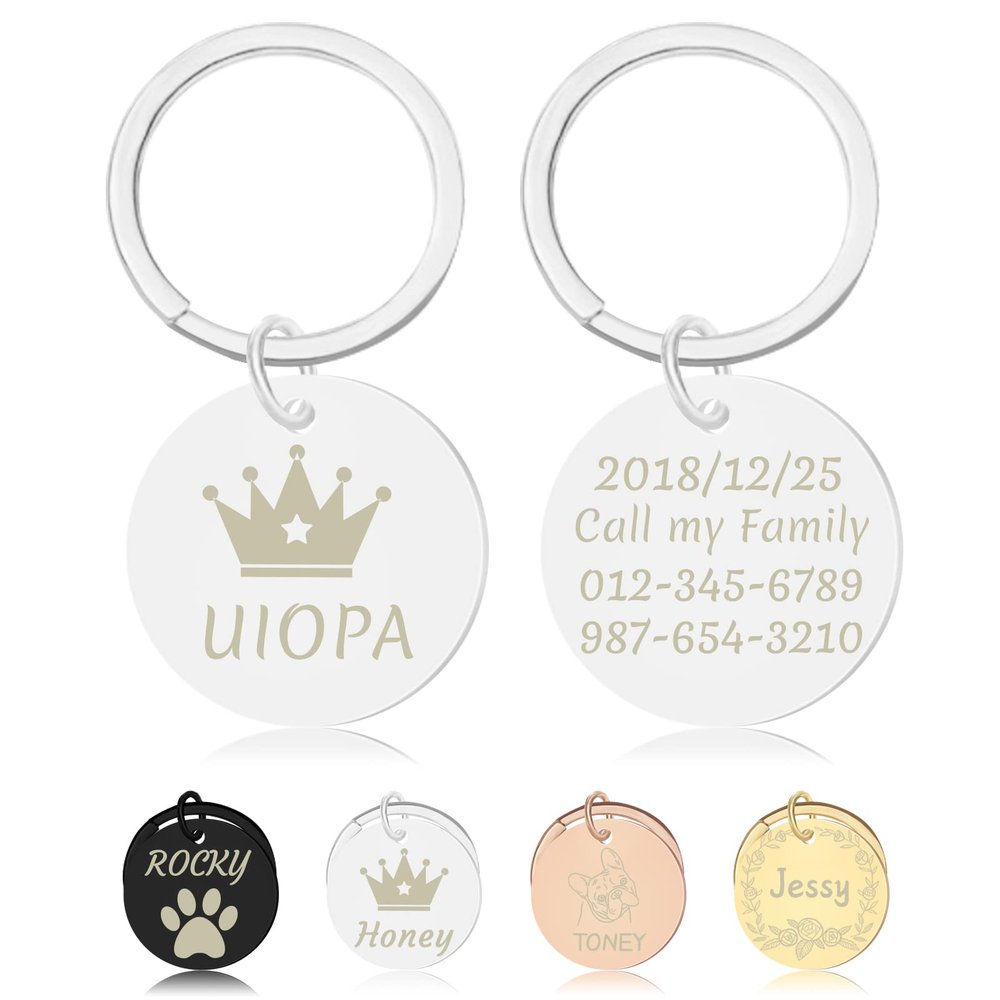 Uiopa Personalized Engraved Dog Tag, Round Stainless Steel Pet ID Tag