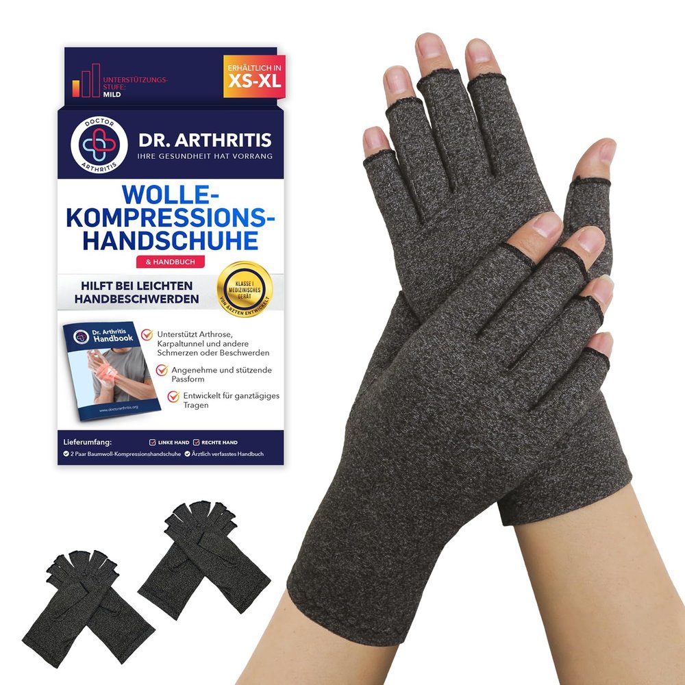 Doctor-Designed Compression Gloves, Fingerless Arthritis Hand Support, 2 Pairs, Gray, L