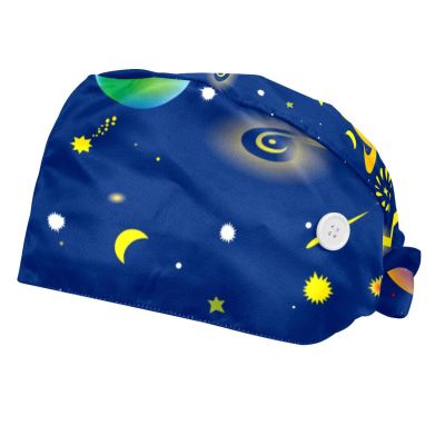 RIEODKFMHD Surgical Cap with Buttons for Long Hair, Space Stars, Rocket and Planets, 2-Pack, Multicolor 07, M/L
