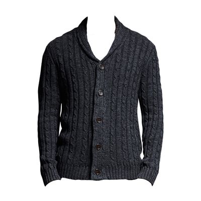 AlpenLife Basics Men's Cable-Knit V-Neck Button-Front Long-Sleeve Cardigan Sweater, Dark Gray, XL