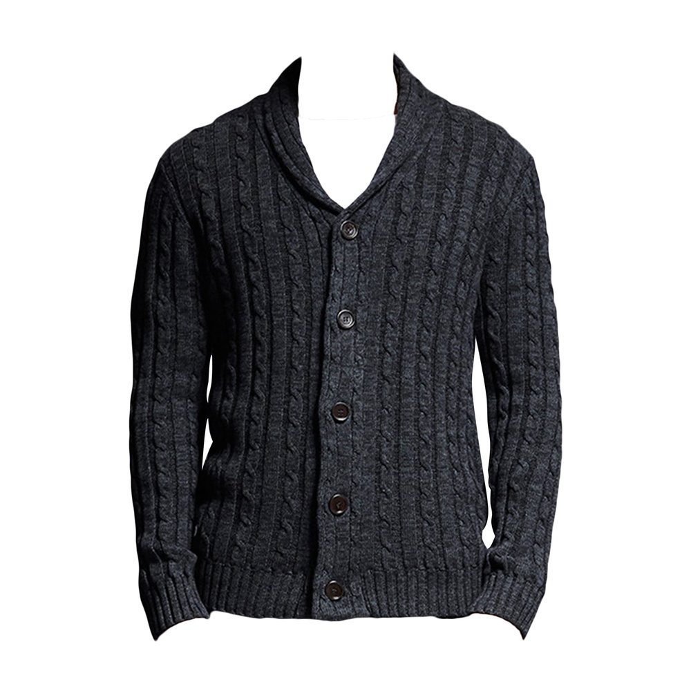 AlpenLife Basics Men's Cable-Knit V-Neck Button-Front Long-Sleeve Cardigan Sweater, Dark Gray, XL