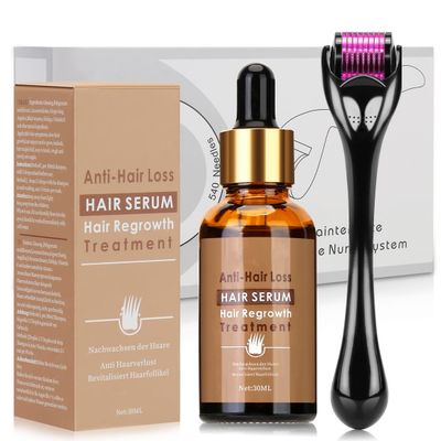 Beayosses Dermaroller Set 0.5 mm Microneedling Scalp Roller with Hair Growth Serum, 30 mL