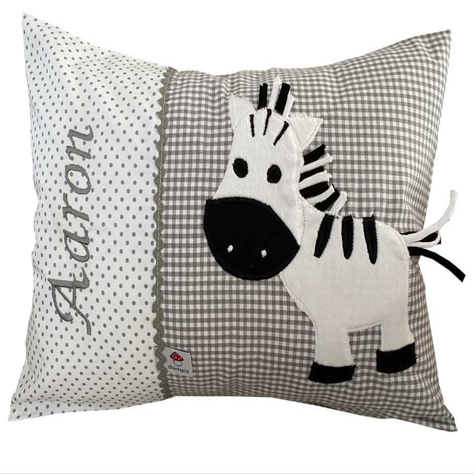 Glückspilz Personalized Name Pillow, Embroidered Baby Pillow, Zebra, Gray, 30 x 45 cm
