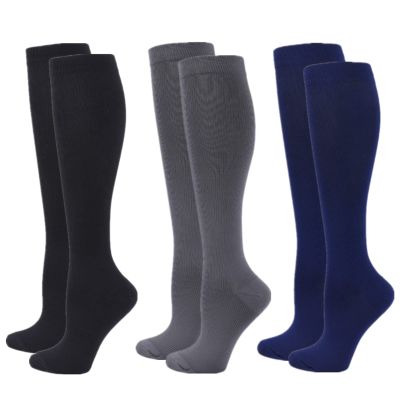 Compression Socks for Women and Men, 2 Pairs, 20–25 mmHg, Knee-High, Black/Blue/Gray, L/XL