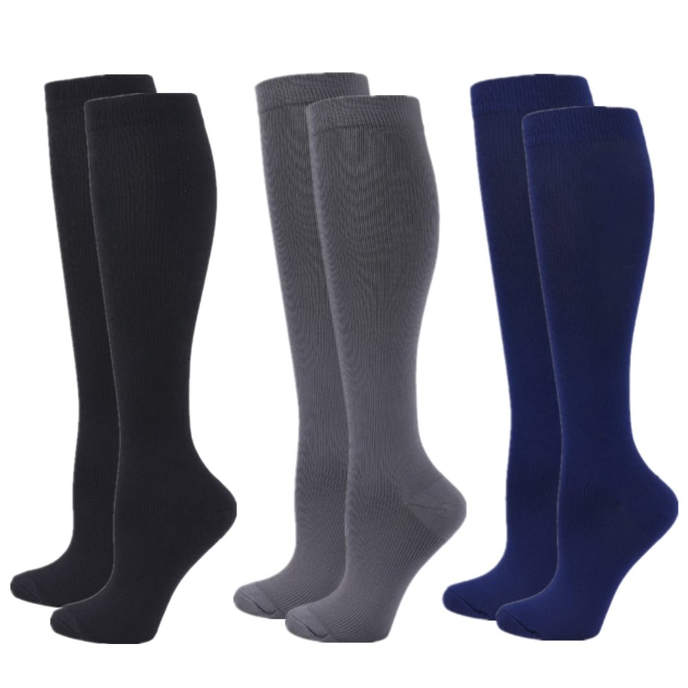 Compression Socks for Women and Men, 2 Pairs, 20–25 mmHg, Knee-High, Black/Blue/Gray, L/XL