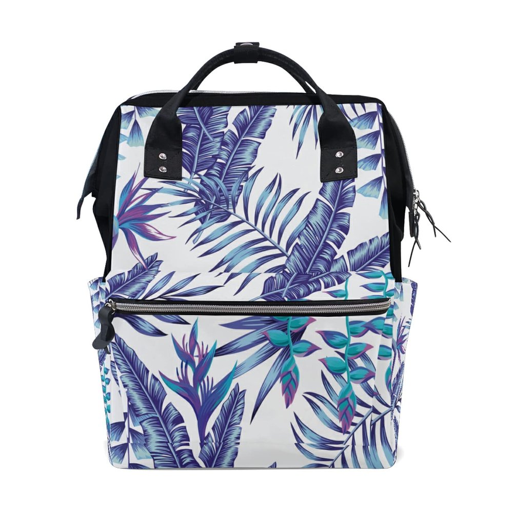 LDIYEU Green and White Leaf Plant Diaper Bag Travel Backpack