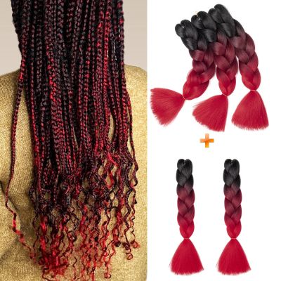 Gairyan Jumbo Braids Extensions, Synthetic Hair, 5-Piece, 24 in, Ombre, Black/Wine Red/Red