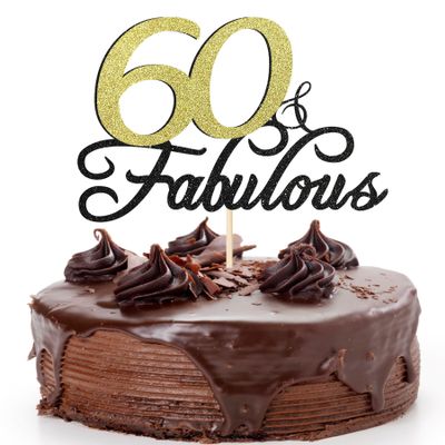 Siipoo 60 & Fabulous Birthday Cake Topper, Black and Gold Glitter