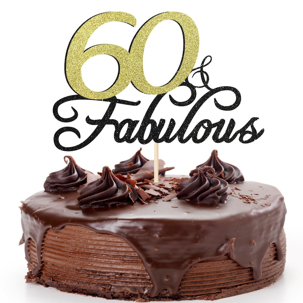 Siipoo 60 & Fabulous Birthday Cake Topper, Black and Gold Glitter
