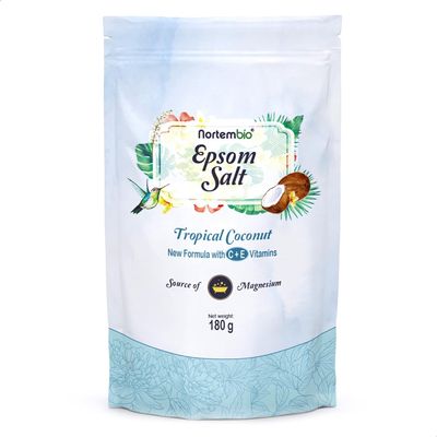 Nortembio Scented Epsom Salt 180 g Magnesium Bath Salt with Vitamins C & E | Foot Bath, Home Spa, Relaxation & Well-Being | Scent of Your Choice + Free eBook (Tropical Coconut)