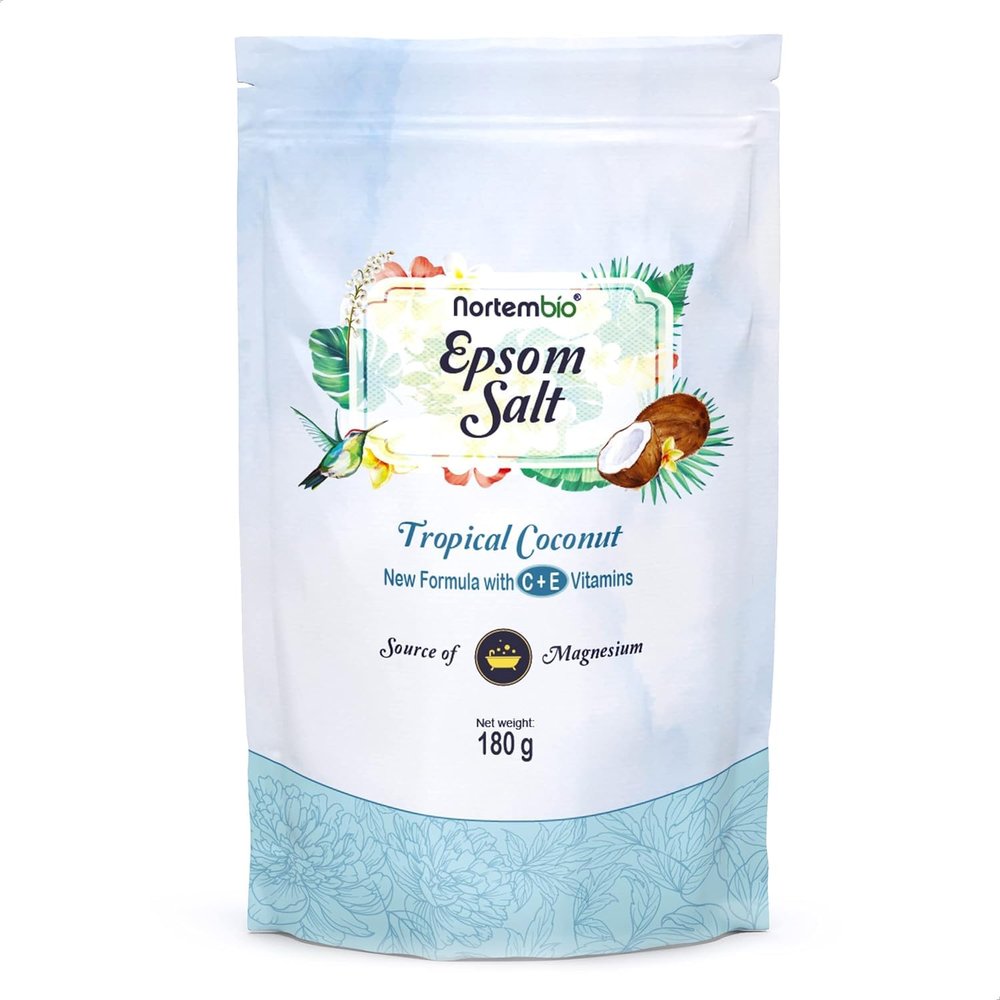 Nortembio Scented Epsom Salt 180 g Magnesium Bath Salt with Vitamins C & E | Foot Bath, Home Spa, Relaxation & Well-Being | Scent of Your Choice + Free eBook (Tropical Coconut)