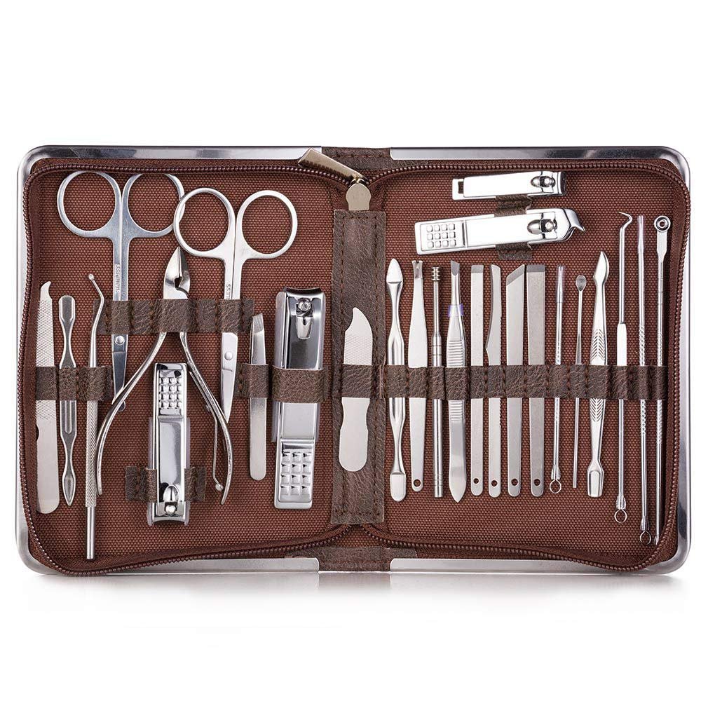 FGHSD 26-Piece Stainless Steel Manicure & Pedicure Set with Leather Case, Brown