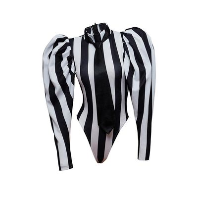 VEECOOCOS Sexy Women's Bodysuit, Black and White Striped, Size M