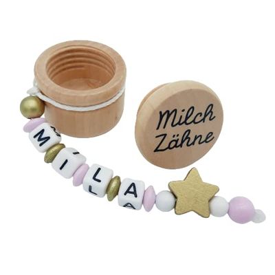 Personalized Wooden Milk Tooth Box, Girl, Gold/Pink Star