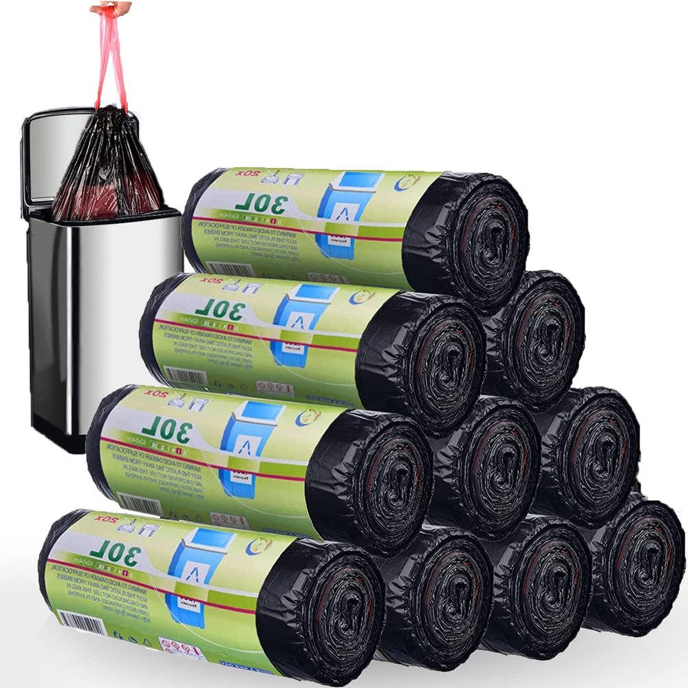 SENENQU 200 Count 30L Trash Bags with Drawstrings, Trash Can Liners with Carry Handles, Highly Leak-Resistant, 10 Rolls, 62 x 54 cm, Black