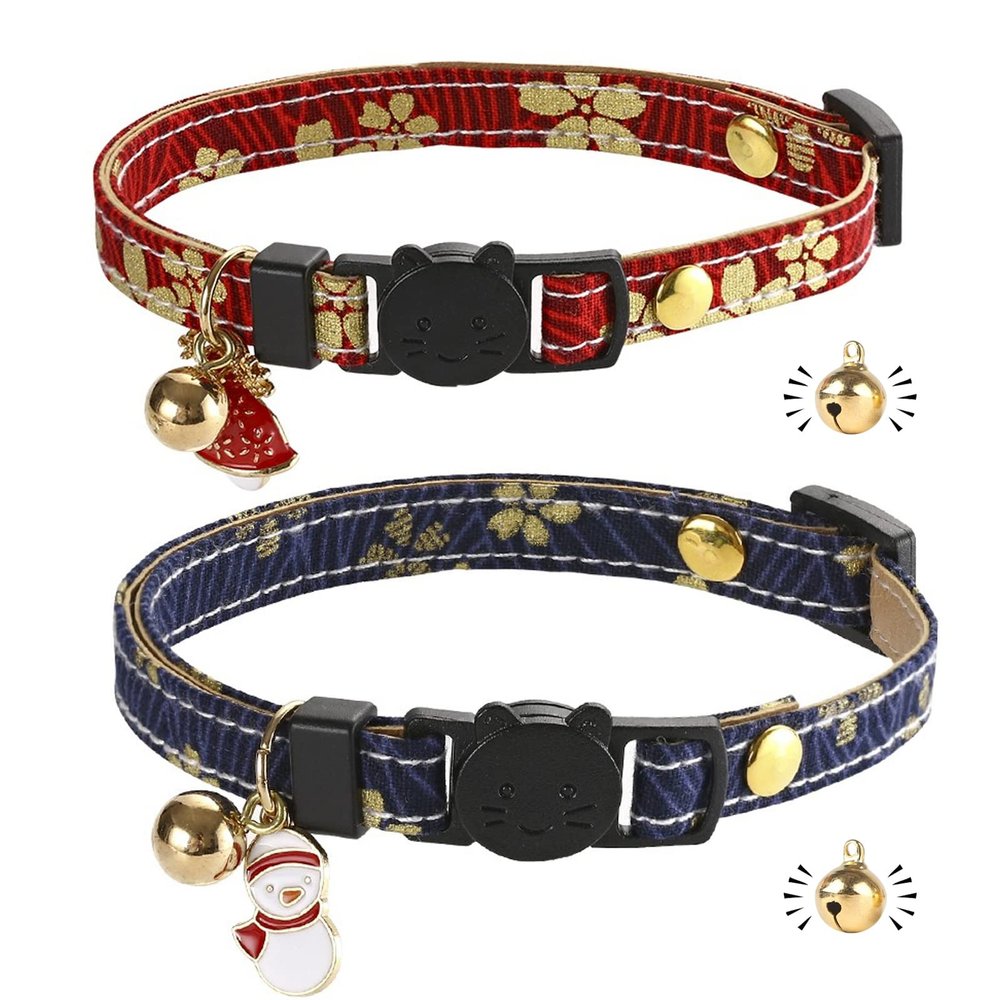Cat Collar with Quick Release | Leather Cat Collar | Handmade | with Bell | Golden Ball | Japanese Design | Adjustable | 2 Pack
