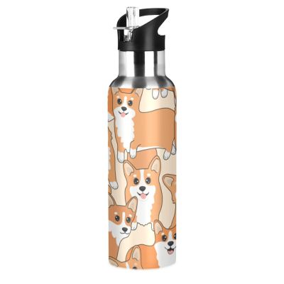 Corgi Dog Water Bottle with Straw Lid, Leakproof Insulated Stainless Steel Thermos Bottle for Boys and Girls, Gym and Sports, 600 ml