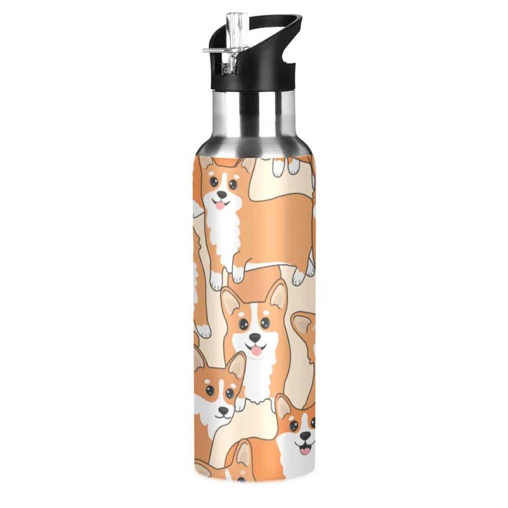 Corgi Dog Water Bottle with Straw Lid, Leakproof Insulated Stainless Steel Thermos Bottle for Boys and Girls, Gym and Sports, 600 ml
