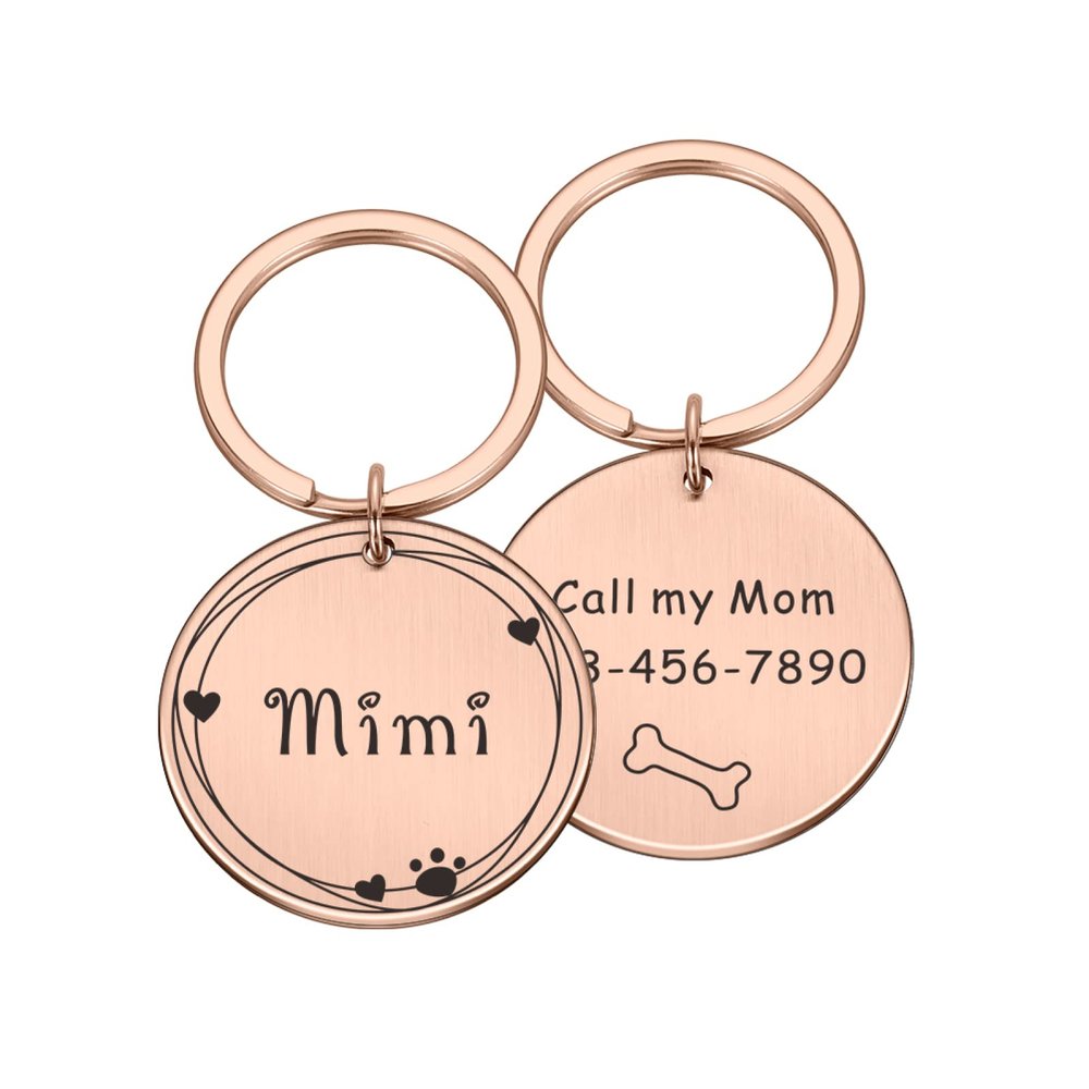 Customized Double-Sided Name and Address Pet Tag for Dog or Cat Collar, Stainless Steel, Rose Gold, M 25 × 25 mm