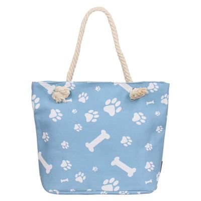 Premium Blue Canvas Shoulder Carrier Bag for Dogs and Cats, Paw and Bone Print, One Size