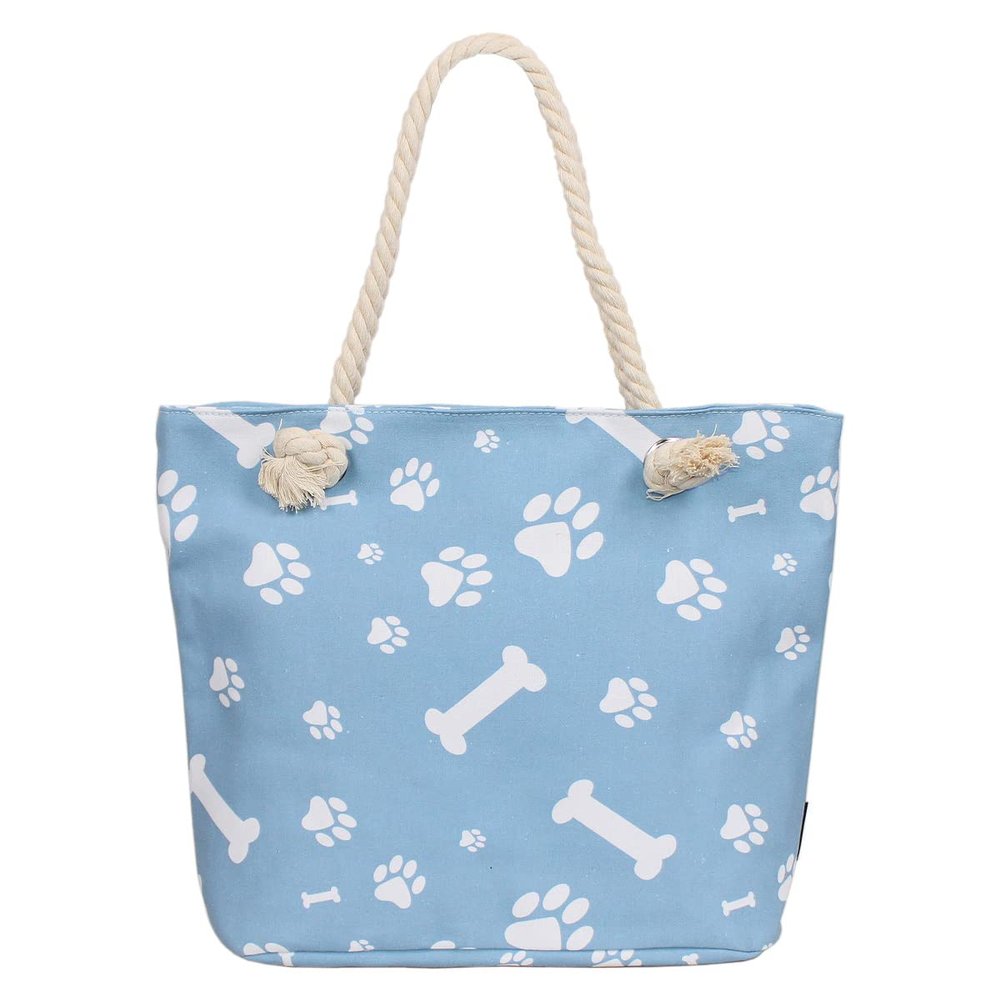 Premium Blue Canvas Shoulder Carrier Bag for Dogs and Cats, Paw and Bone Print, One Size