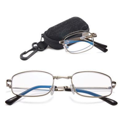 VEVESMUNDO Folding Reading Glasses with Blue-Light Filter, Silver, +1.5, with Case