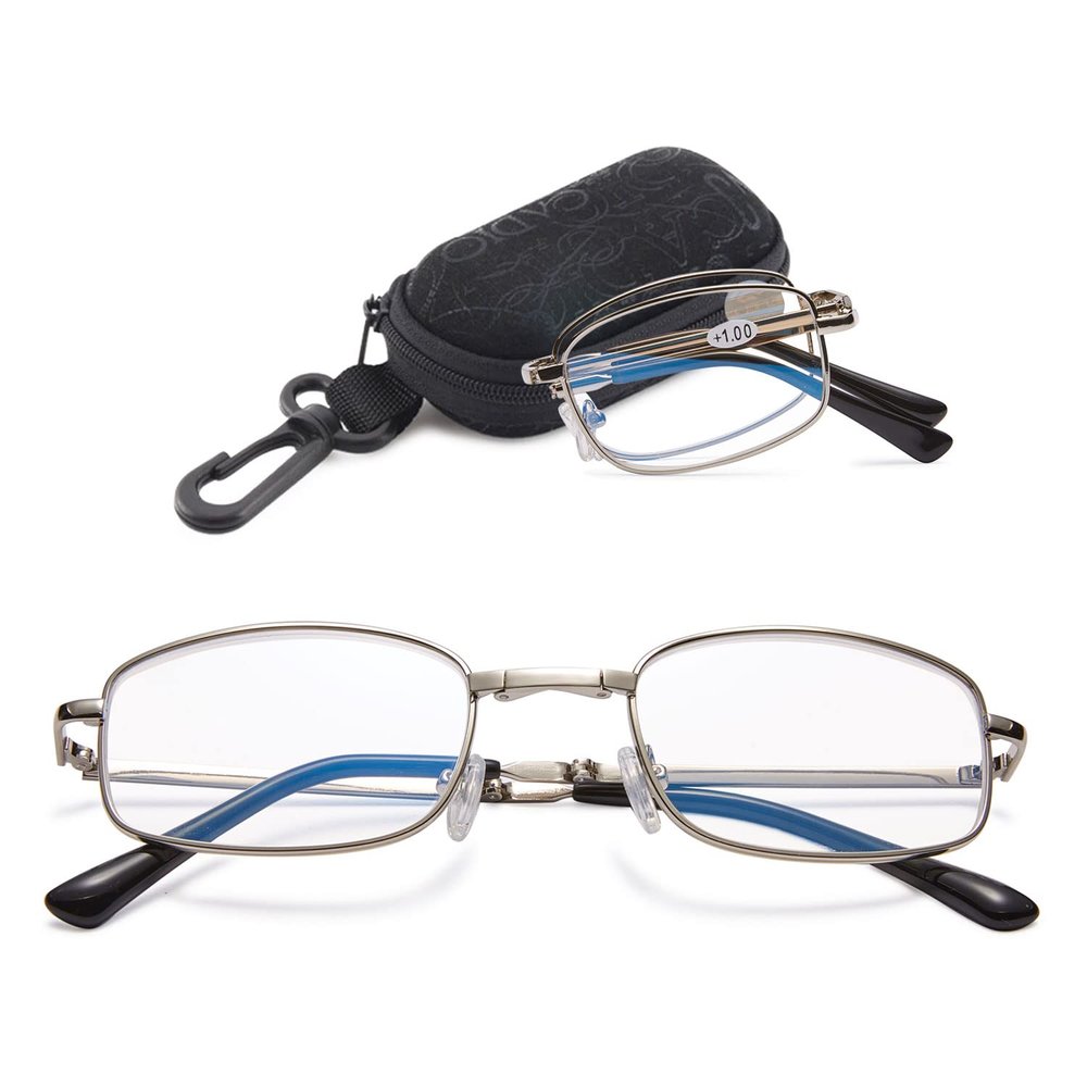 VEVESMUNDO Folding Reading Glasses with Blue-Light Filter, Silver, +1.5, with Case
