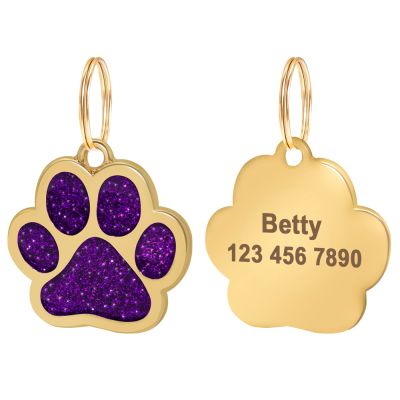 Glitter Paw Custom Pet ID Tag, Gold Personalized Engraved Name Tag for Small to Medium Dogs and Cats, Purple, 2.5 cm Wide