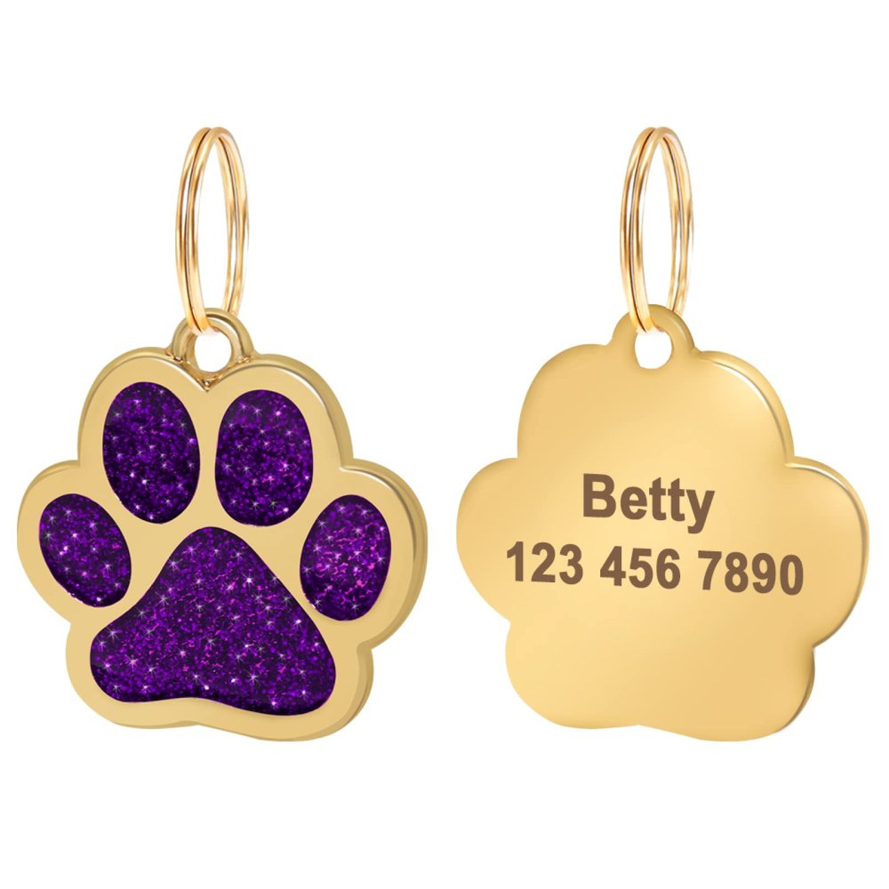 Glitter Paw Custom Pet ID Tag, Gold Personalized Engraved Name Tag for Small to Medium Dogs and Cats, Purple, 2.5 cm Wide
