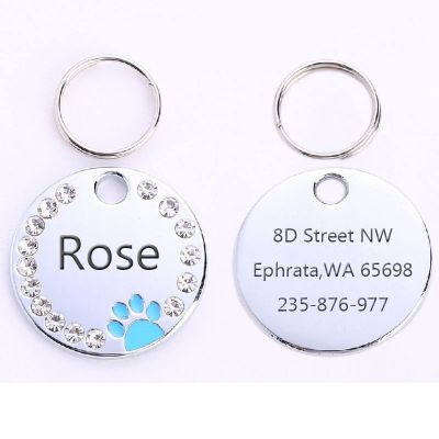 Personalized Blue Pet ID Tag, 25 mm, Custom Engraved Metal Collar Pendant