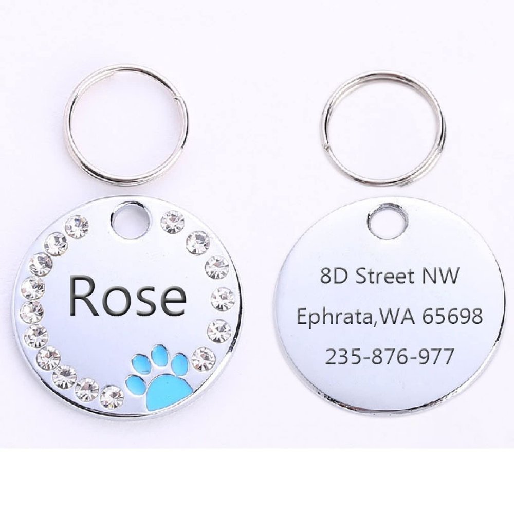 Personalized Blue Pet ID Tag, 25 mm, Custom Engraved Metal Collar Pendant