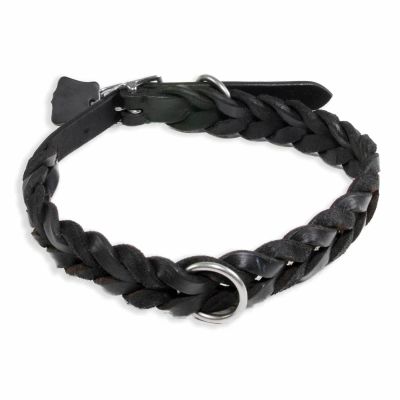 Monkimau Genuine Leather Braided Dog Collar, Black, Adjustable (L: 30 mm x 65 cm)