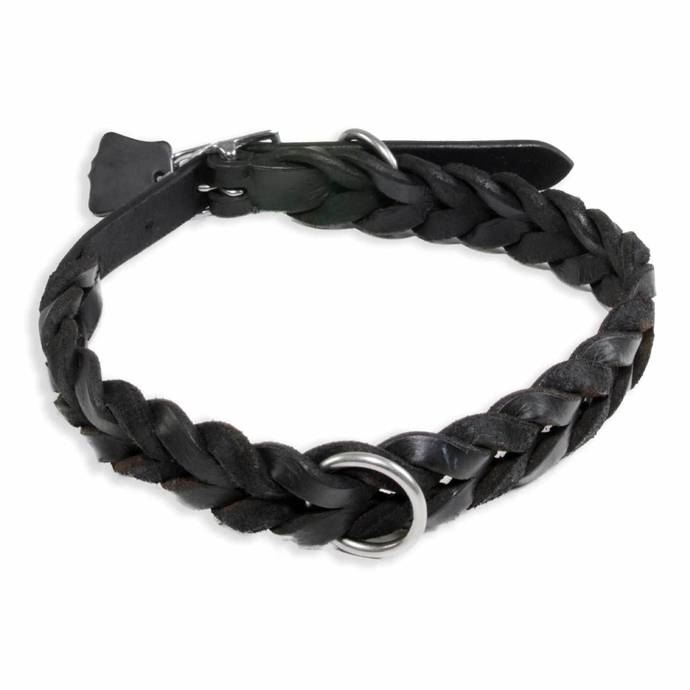 Monkimau Genuine Leather Braided Dog Collar, Black, Adjustable (L: 30 mm x 65 cm)