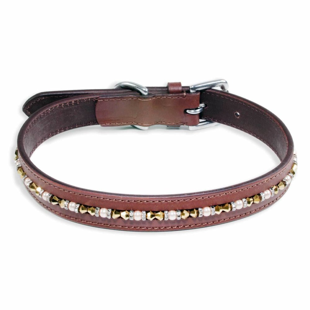 Monkimau Brown Genuine Leather Dog Collar with Crystals, Adjustable, L: 25 mm x 65 cm