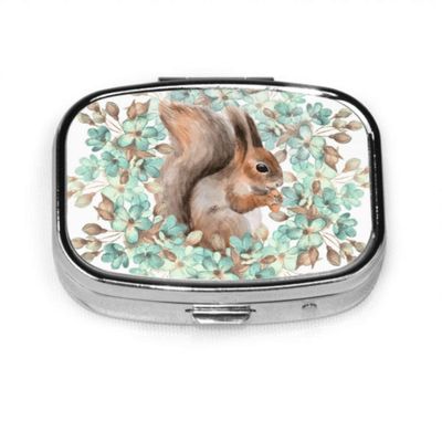 Cartoon Squirrel Pill Box with Flowers for Purse or Wallet