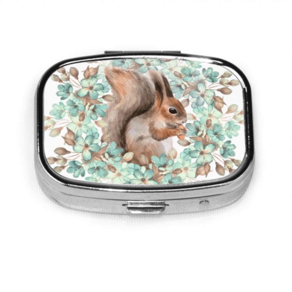 Cartoon Squirrel Pill Box with Flowers for Purse or Wallet