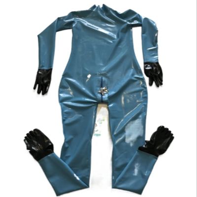 Latex Catsuit Gloves with Toe Socks and Lockable Crotch Zipper, Silver, XXL