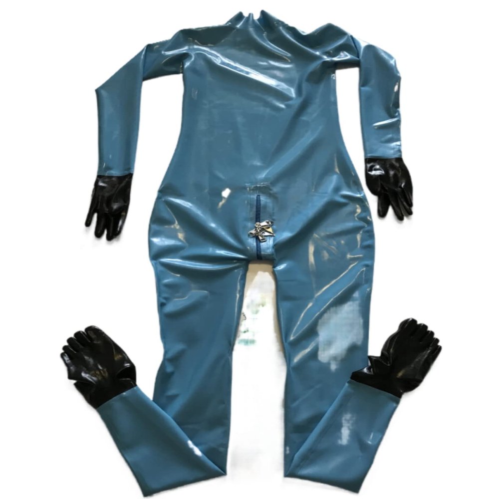 Latex Catsuit Gloves with Toe Socks and Lockable Crotch Zipper, Silver, XXL