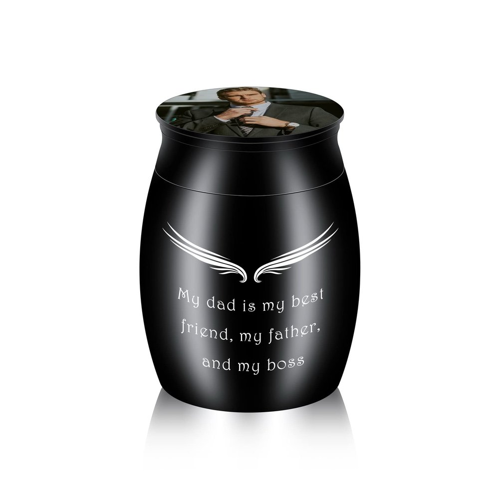 MeMeDIY Stainless Steel Mini Urn for Dogs, Cats & Humans, Personalized Engraved Waterproof Memorial Urn, Birthstone (Black, Color Photo, Custom Styles)