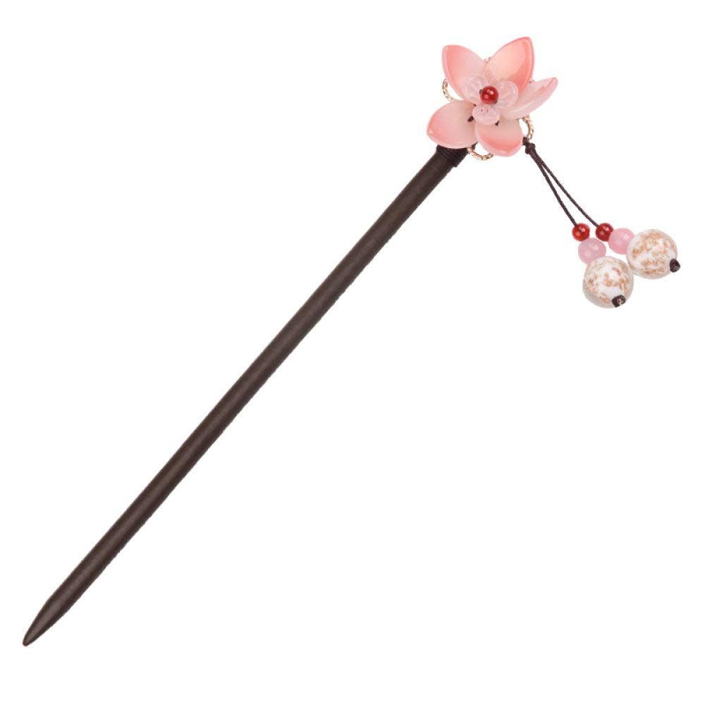 qbodp Wooden Hair Sticks with Pink Lotus