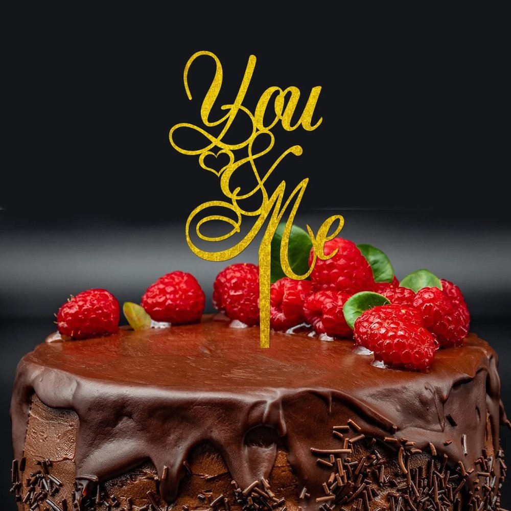 You and Me Wedding Cake Topper, Gold Glitter