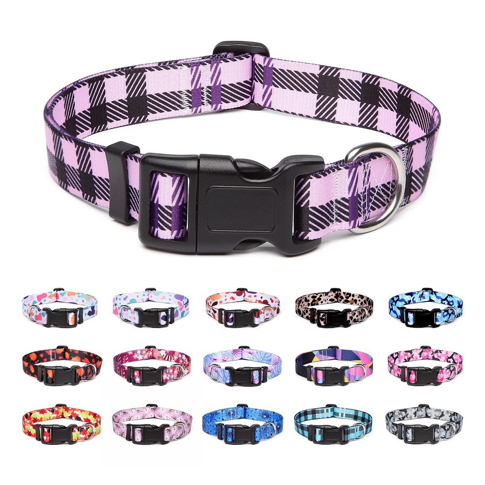 Suredoo Adjustable Soft Nylon Dog Collar, Purple Plaid, Size L