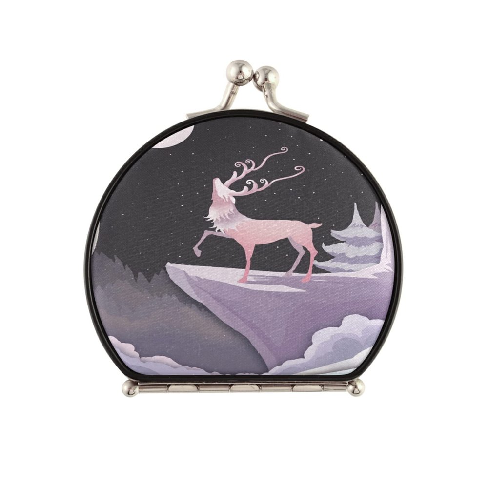 Vnurnrn Purple Pink Deer Elk Moon Makeup Compact Mirror for Handbags, Foldable Travel Pocket Mirror
