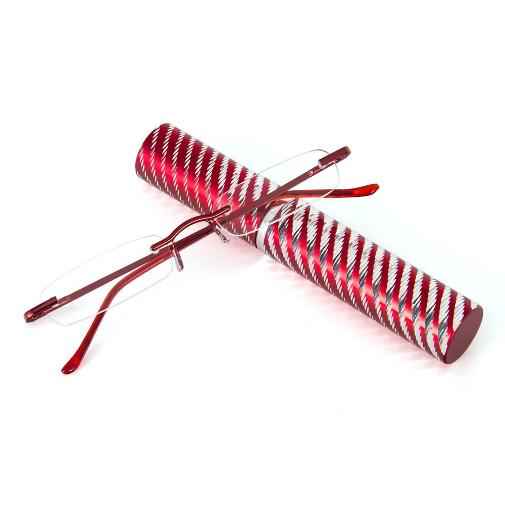 KoKoBin Slim Frameless Reading Glasses with Pen Case for Women and Men (Red, +1.5 Diopters, 1-Pack)