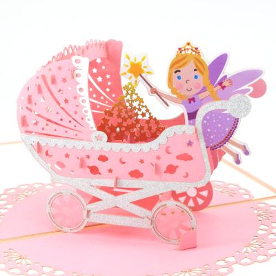 Fassory 3D Pop-Up New Baby Greeting Card, Baby Shower Card, Fairy Blessing Baby Stroller Congratulations Card for Newborn Boys and Girls, Baby Birthday Card (Pink Orange)