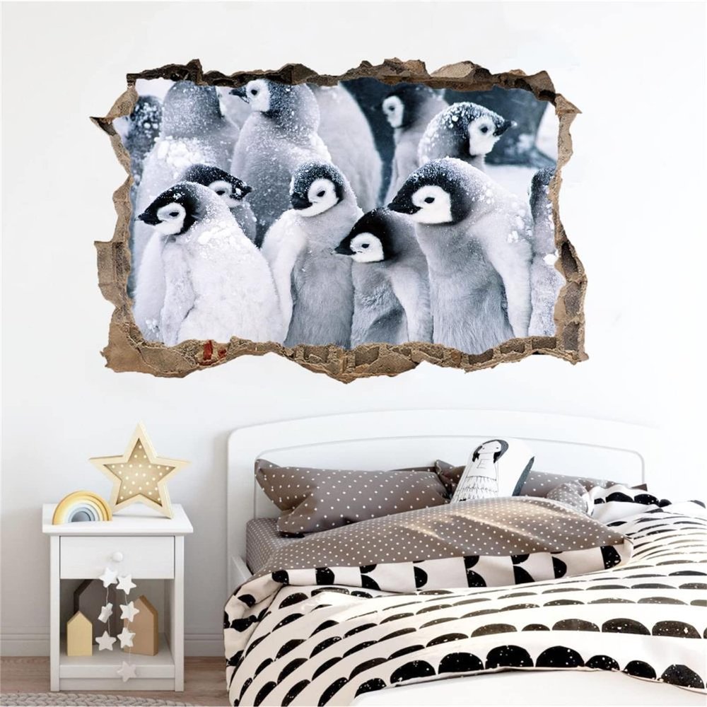 3D Penguin Wall Decal with Wall-Hole Effect for Kids' Rooms